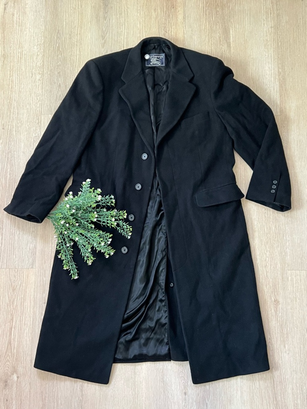 Vintage Burberry’s Camel Hair Black Trench Style Buttoned Front Long Length Coat